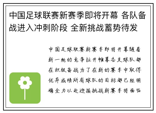 中国足球联赛新赛季即将开幕 各队备战进入冲刺阶段 全新挑战蓄势待发