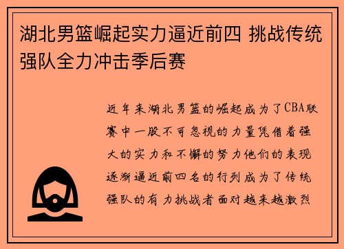 湖北男篮崛起实力逼近前四 挑战传统强队全力冲击季后赛