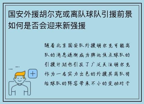 国安外援胡尔克或离队球队引援前景如何是否会迎来新强援